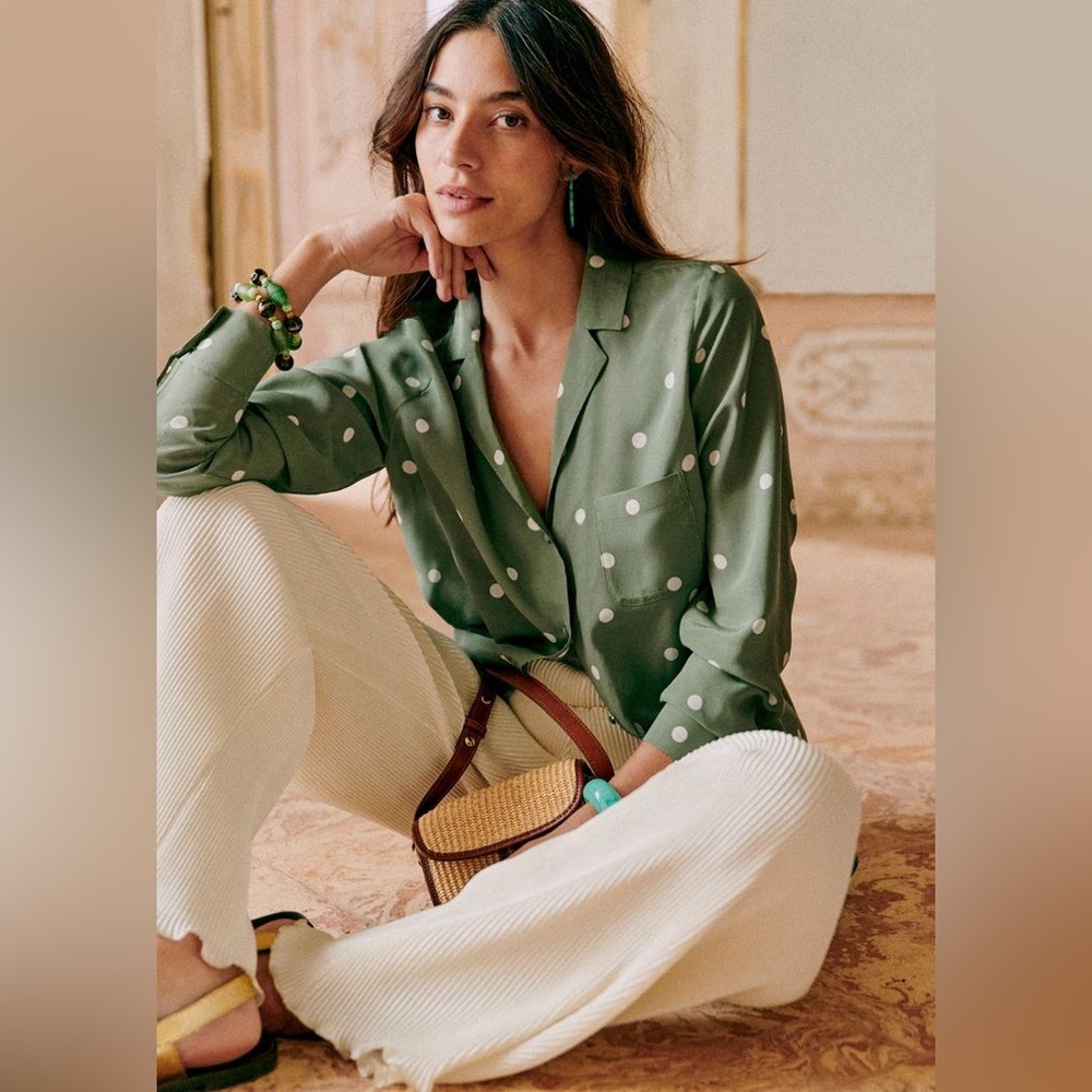 Sézane Florence Shirt in Khaki Polka Dot Long Sleeve FR 38 / US 6